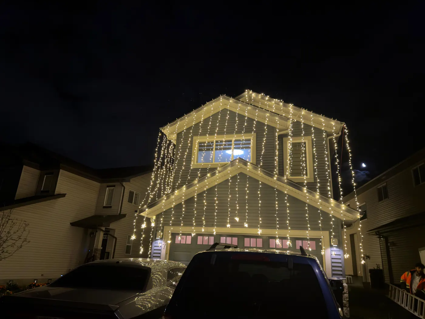 Sidewalk Curtain Drape Lights installation